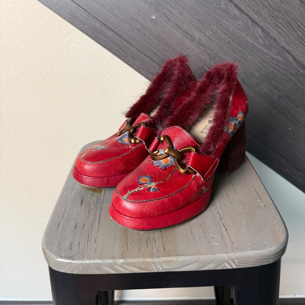 Spring Step L'Artiste Fancy Red Floral Leather Heels Faux Fur Trim Size 40 BOHO